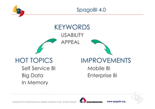 www.spagobi.orgCopyright © 2013 Engineering Group, SpagoBI Competency Center. All rights reserved.Copyright © 2013 Engineering Group, SpagoBI Competency Center. All rights reserved.
SpagoBI 4.0
KEYWORDS
USABILITY
APPEAL
HOT TOPICS
Self Service BI
Big Data
In Memory
IMPROVEMENTS
Mobile BI
Enterprise BI
 