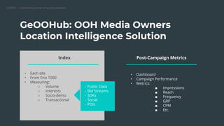 GeOOHub: OOH Media Owners
Location Intelligence Solution
Index
• Each site
• From 0 to 1000
• Measuring:
○ Volume
○ Interests
○ Socio-demo
○ Transactional
- Public Data
- Bid Streams
- SDKs
- Social
- POIs
Post-Campaign Metrics
• Dashboard
• Campaign Performance
• Metrics:
■ Impressions
■ Reach
■ Frequency
■ GRP
■ CPM
■ Etc.
 