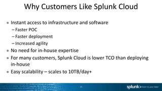 Why Customers Like Splunk Cloud
● Instant access to infrastructure and software
– Faster POC
– Faster deployment
– Increased agility
● No need for in-house expertise
● For many customers, Splunk Cloud is lower TCO than deploying
in-house
● Easy scalability – scales to 10TB/day+
15
 