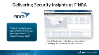Delivering Security Insights at FINRA
17
Splunk Cloud used as a Big Data security solution
Leveraging the Splunk App for AWS CloudTrail
“Splunk Cloud gives you
applications which let you
get huge amounts of
value from your data.”
 