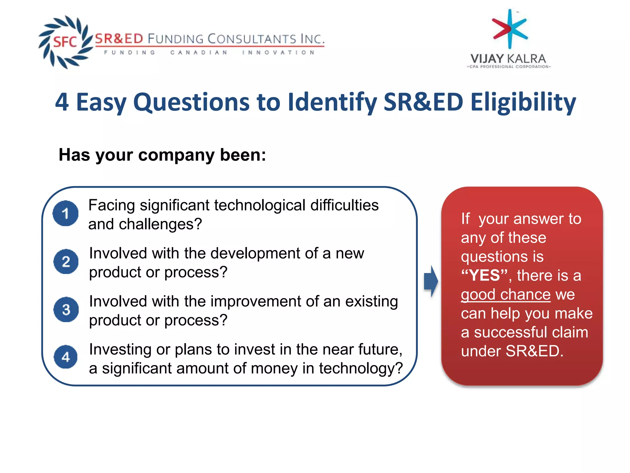 4 Easy Questions to Identify SR&ED Eligibility
Involved with the development of a new
product or process?
Facing significant technological difficulties
and challenges?
Involved with the improvement of an existing
product or process?
Investing or plans to invest in the near future,
a significant amount of money in technology?
Has your company been:
If your answer to
any of these
questions is
“YES”, there is a
good chance we
can help you make
a successful claim
under SR&ED.
 