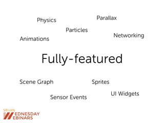 Fully-featured
Scene Graph
Sensor Events
Sprites
Animations
Physics
Particles
Parallax
Networking
UI Widgets
 