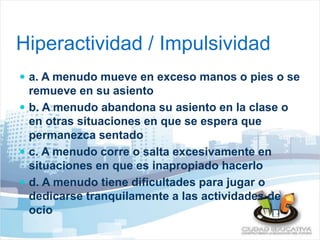 Hiperactividad / Impulsividad 
 a. A menudo mueve en exceso manos o pies o se 
remueve en su asiento 
 b. A menudo abandona su asiento en la clase o 
en otras situaciones en que se espera que 
permanezca sentado 
 c. A menudo corre o salta excesivamente en 
situaciones en que es inapropiado hacerlo 
 d. A menudo tiene dificultades para jugar o 
dedicarse tranquilamente a las actividades de 
ocio 
 