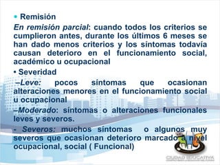  Remisión 
En remisión parcial: cuando todos los criterios se 
cumplieron antes, durante los últimos 6 meses se 
han dado menos criterios y los síntomas todavía 
causan deterioro en el funcionamiento social, 
académico u ocupacional 
• Severidad 
–Leve: pocos síntomas que ocasionan 
alteraciones menores en el funcionamiento social 
u ocupacional 
–Moderado: síntomas o alteraciones funcionales 
leves y severos. 
- Severos: muchos síntomas o algunos muy 
severos que ocasionan deterioro marcado a nivel 
ocupacional, social ( Funcional) 
 
