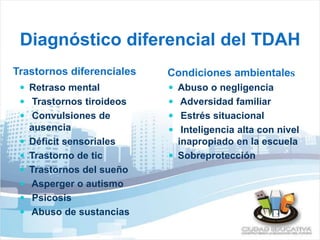 Diagnóstico diferencial del TDAH 
Trastornos diferenciales Condiciones ambientales 
 Abuso o negligencia 
 Adversidad familiar 
 Estrés situacional 
 Inteligencia alta con nivel 
inapropiado en la escuela 
 Sobreprotección 
 Retraso mental 
 Trastornos tiroideos 
 Convulsiones de 
ausencia 
 Déficit sensoriales 
 Trastorno de tic 
 Trastornos del sueño 
 Asperger o autismo 
 Psicosis 
 Abuso de sustancias 
 