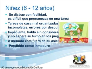 Niñez (6 - 12 años) 
 Se distrae con facilidad, 
es difícil que permanezca en una tarea 
 Tareas de casa mal organizadas, 
incompletas, errores por descuido 
 Impaciente, habla sin consideración 
y no espera su turno en los juegos 
 A menudo está fuera de su asiento 
 Percibido como inmaduro 
#ConstruyendoLaEducaciónDelFutu 
 