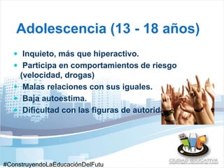 Adolescencia (13 - 18 años) 
 Inquieto, más que hiperactivo. 
 Participa en comportamientos de riesgo 
(velocidad, drogas) 
 Malas relaciones con sus iguales. 
 Baja autoestima. 
 Dificultad con las figuras de autoridad. 
#ConstruyendoLaEducaciónDelFutu 
 