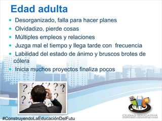 Edad adulta 
 Desorganizado, falla para hacer planes 
 Olvidadizo, pierde cosas 
 Múltiples empleos y relaciones 
 Juzga mal el tiempo y llega tarde con frecuencia 
 Labilidad del estado de ánimo y bruscos brotes de 
cólera 
 Inicia muchos proyectos finaliza pocos 
#ConstruyendoLaEducaciónDelFutu 
 