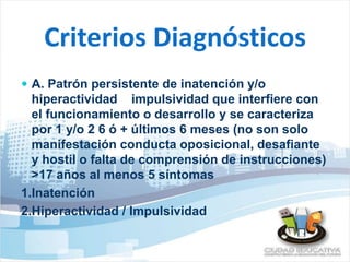 Criterios Diagnósticos 
 A. Patrón persistente de inatención y/o 
hiperactividad impulsividad que interfiere con 
el funcionamiento o desarrollo y se caracteriza 
por 1 y/o 2 6 ó + últimos 6 meses (no son solo 
manifestación conducta oposicional, desafiante 
y hostil o falta de comprensión de instrucciones) 
>17 años al menos 5 síntomas 
1.Inatención 
2.Hiperactividad / Impulsividad 
 