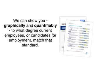 We can show you -
graphically and quantiﬁably
  - to what degree current
employees, or candidates for
  employment, match that
         standard.
 