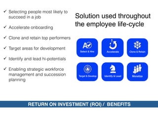 ü Selecting people most likely to
   succeed in a job                  Solution used throughout
ü Accelerate onboarding
                                     the employee life-cycle
ü Clone and retain top performers

ü Target areas for development

ü Identify and lead hi-potentials

ü Enabling strategic workforce
   management and succession
   planning




             RETURN ON INVESTMENT (ROI) / BENEFITS
 