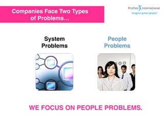 Companies Face Two Types
     of Problems…


          System            People
         Problems          Problems




     WE FOCUS ON PEOPLE PROBLEMS.
 
