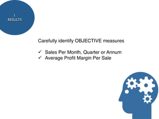 1.
RESULTS




          Carefully identify OBJECTIVE measures

          ü Sales Per Month, Quarter or Annum
          ü Average Proﬁt Margin Per Sale
 