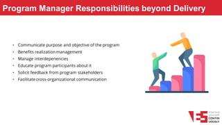 Program Manager Responsibilities beyond Delivery
• Communicate purpose and objective of the program
• Benefits realization management
• Manage interdepenencies
• Educate program participants about it
• Solicit feedback from program stakeholders
• Facilitate cross-organizational communication
 
