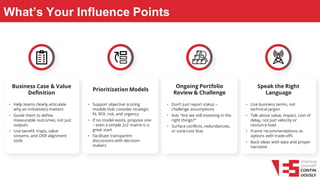 What’s Your Influence Points
• Help teams clearly articulate
why an initiative(s) matters
• Guide them to define
measurable outcomes, not just
outputs
• Use benefit maps, value
streams, and OKR alignment
tools
Business Case & Value
Definition
• Support objective scoring
models that consider strategic
fit, ROI, risk, and urgency
• If no model exists, propose one
– even a simple 2x2 matrix is a
great start
• Facilitate transparent
discussions with decision-
makers
Prioritization Models
• Don’t just report status –
challenge assumptions
• Ask: “Are we still investing in the
right things?”
• Surface conflicts, redundancies,
or sunk-cost bias
Ongoing Portfolio
Review & Challenge
• Use business terms, not
technical jargon
• Talk about value, impact, cost of
delay, not just velocity or
resource load
• Frame recommendations as
options with trade-offs
• Back ideas with data and proper
narrative
Speak the Right
Language
 