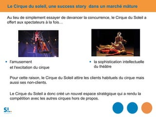 Pour cette raison, le Cirque du Soleil attire les clients habituels du cirque mais
aussi ses non-clients.
Le Cirque du Soleil a donc créé un nouvel espace stratégique qui a rendu la
compétition avec les autres cirques hors de propos.
Au lieu de simplement essayer de devancer la concurrence, le Cirque du Soleil a
offert aux spectateurs à la fois…
 l'amusement
et l'excitation du cirque
 la sophistication intellectuelle
du théâtre
Le Cirque du soleil, une success story dans un marché mâture
 