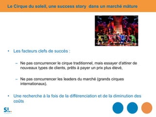 • Les facteurs clefs de succès :
– Ne pas concurrencer le cirque traditionnel, mais essayer d'attirer de
nouveaux types de clients, prêts à payer un prix plus élevé,
– Ne pas concurrencer les leaders du marché (grands cirques
internationaux).
• Une recherche à la fois de la différenciation et de la diminution des
coûts
Le Cirque du soleil, une success story dans un marché mâture
 