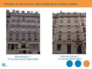 Hôtel Marignan * *
13 r Du Sommerard 75005 PARIS
Prenons un cas concret : deux hôtels dans le même quartier
Hôtel des Carmes **
5 r Carmes 75005 PARIS
 