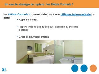 Les Hôtels Formule 1, une réussite due à une différenciation radicale de
l’offre
• Repenser l’offre...
• Repenser les règles du secteur : abandon du système
d’étoiles
• Créer de nouveaux critères
Un cas de stratégie de rupture : les Hôtels Formule 1
 