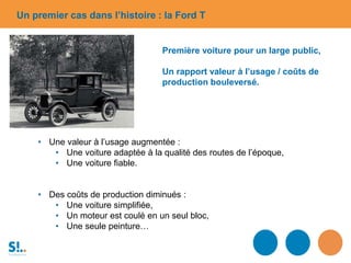 Un premier cas dans l’histoire : la Ford T
Première voiture pour un large public,
Un rapport valeur à l’usage / coûts de
production bouleversé.
• Une valeur à l’usage augmentée :
• Une voiture adaptée à la qualité des routes de l’époque,
• Une voiture fiable.
• Des coûts de production diminués :
• Une voiture simplifiée,
• Un moteur est coulé en un seul bloc,
• Une seule peinture…
 