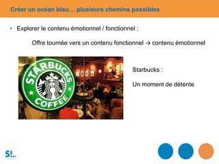 Starbucks :
Un moment de détente
Créer un océan bleu… plusieurs chemins possibles
• Explorer le contenu émotionnel / fonctionnel :
Offre tournée vers un contenu fonctionnel → contenu émotionnel
 