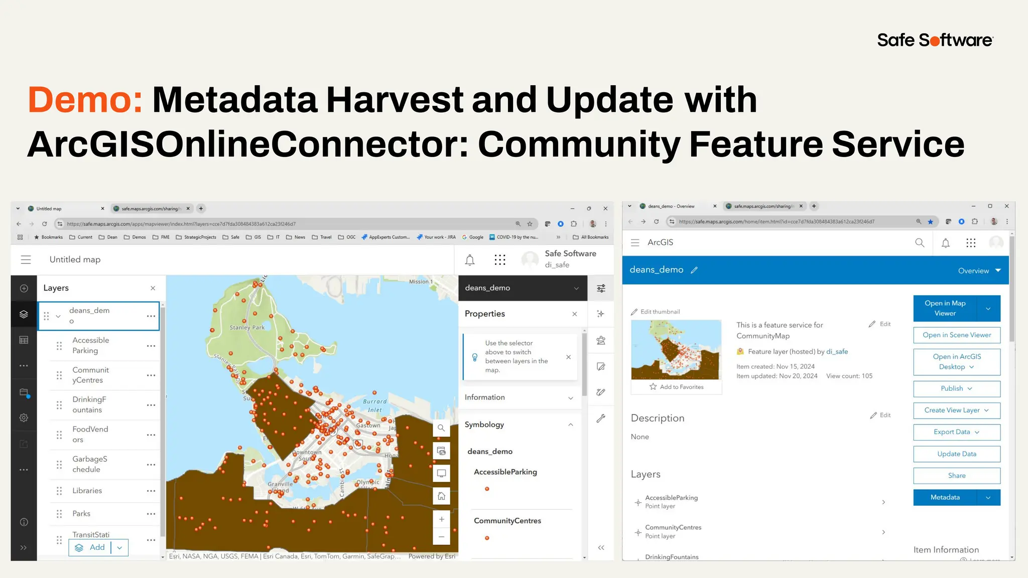 Demo: Metadata Harvest and Update with
ArcGISOnlineConnector: Community Feature Service
 
