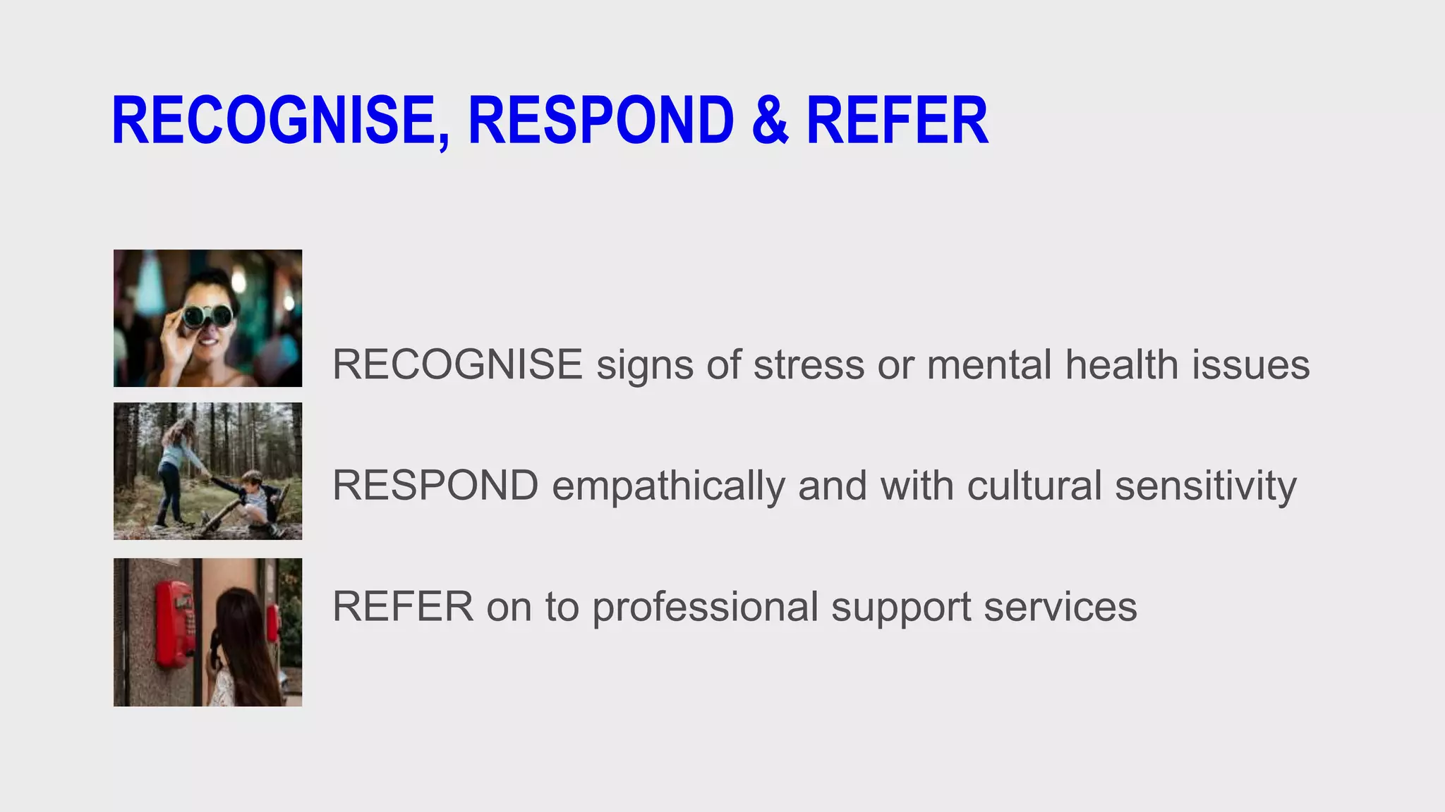 RECOGNISE, RESPOND & REFER
RECOGNISE signs of stress or mental health issues
RESPOND empathically and with cultural sensitivity
REFER on to professional support services
 