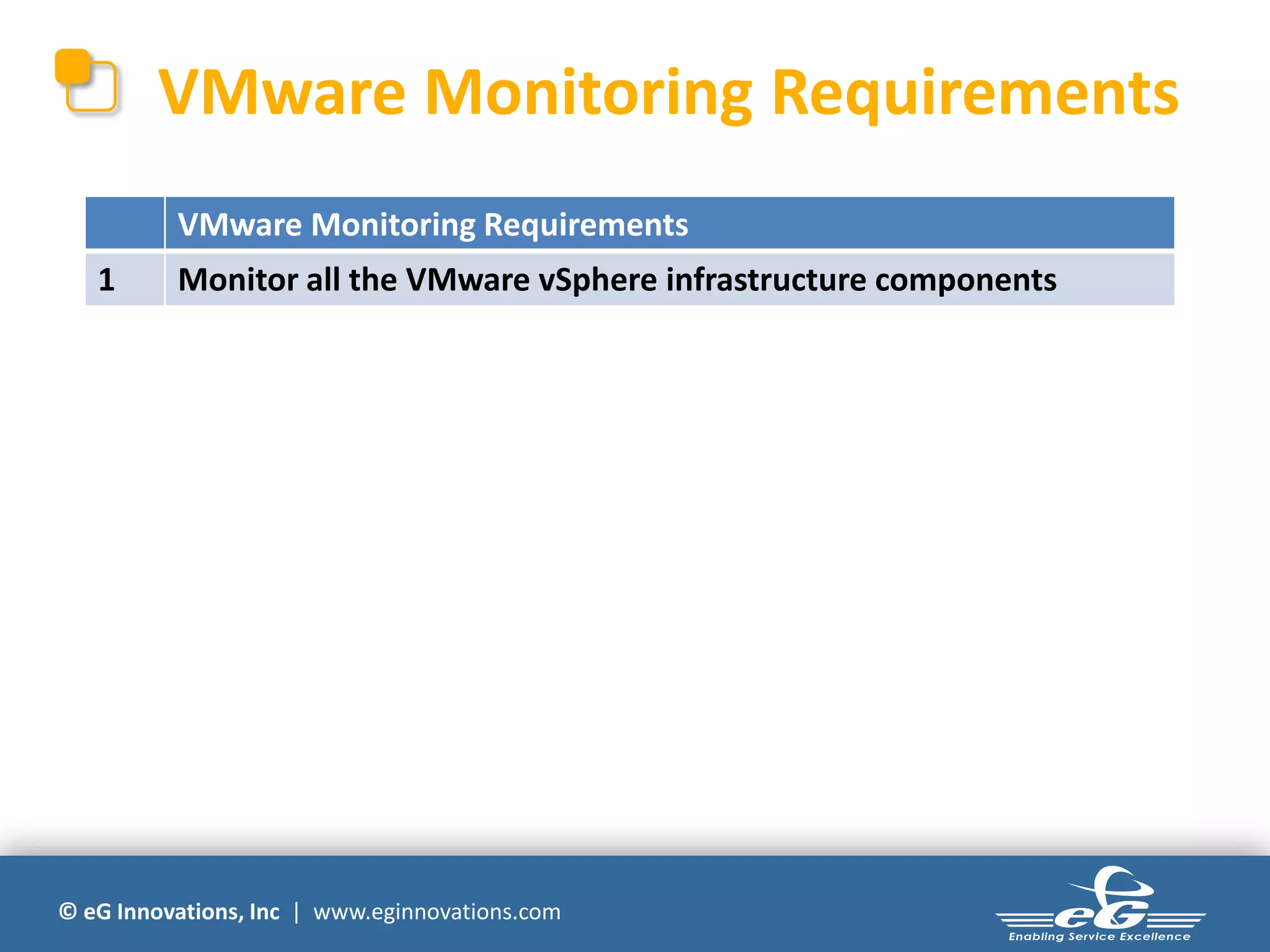 © eG Innovations, Inc | www.eginnovations.com
VMware Monitoring Requirements
VMware Monitoring Requirements
1 Monitor all the VMware vSphere infrastructure components
 