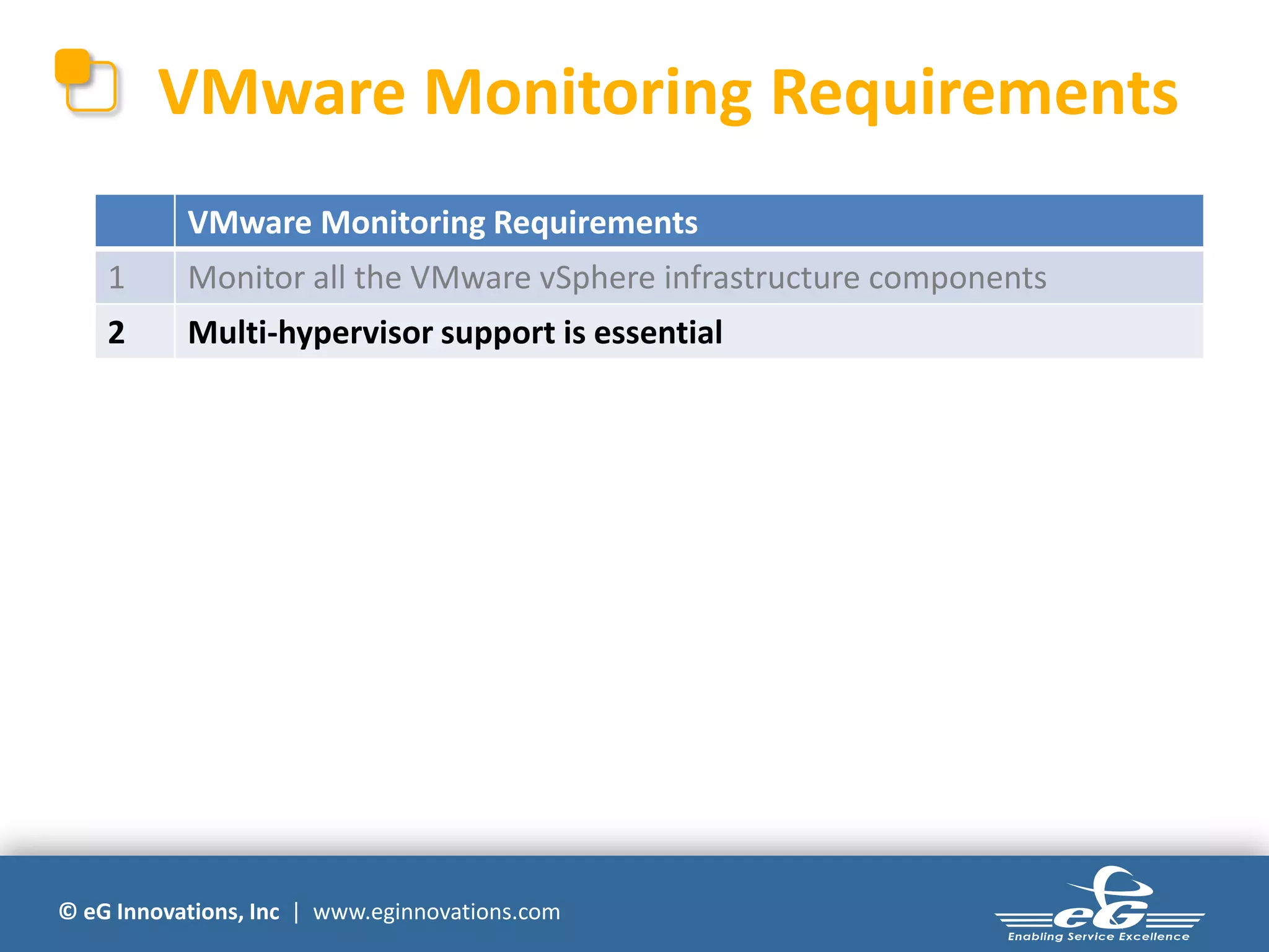 © eG Innovations, Inc | www.eginnovations.com
VMware Monitoring Requirements
VMware Monitoring Requirements
1 Monitor all the VMware vSphere infrastructure components
2 Multi-hypervisor support is essential
 
