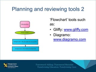 ‘Flowchart’ tools such
as:
• Gliffy: www.gliffy.com
• Diagramo:
www.diagramo.com
Planning and reviewing tools 2
 
