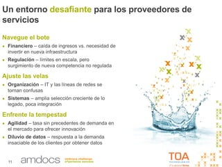 11
Un entorno desafiante para los proveedores de
servicios
Navegue el bote
● Financiero – caída de ingresos vs. necesidad de
invertir en nueva infraestructura
● Regulación – límites en escala, pero
surgimiento de nueva competencia no regulada
Ajuste las velas
● Organización – IT y las líneas de redes se
tornan confusas
● Sistemas – amplia selección creciente de lo
legado, poca integración
Enfrente la tempestad
● Agilidad – tasa sin precedentes de demanda en
el mercado para ofrecer innovación
● Diluvio de datos – respuesta a la demanda
insaciable de los clientes por obtener datos
 