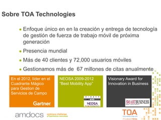 6
NEOSA 2009-2012
“Best Mobility App”
Visionary Award for
Innovation in Business
En el 2012, líder en el
Cuadrante Mágico
para Gestion de
Servicios de Campo
Sobre TOA Technologies
● Enfoque único en en la creación y entrega de tecnología
de gestión de fuerza de trabajo móvil de próxima
generación
● Presencia mundial
● Más de 40 clientes y 72,000 usuarios móviles
● Gestionamos más de 67 millones de citas anualmente
6
 