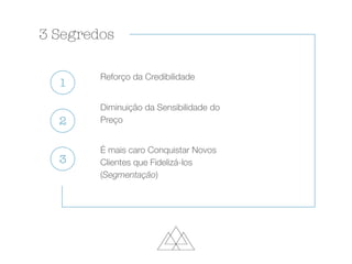 3 Segredos
1
2
3
Reforço da Credibilidade
Diminuição da Sensibilidade do
Preço
É mais caro Conquistar Novos
Clientes que Fidelizá-los
(Segmentação)
 