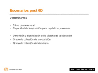 Escenarios post 6D
17
Determinantes
• Clima post-electoral
• Capacidad de la oposición para capitalizar y avanzar
• Dimensión y significación de la victoria de la oposición
• Grado de cohesión de la oposición
• Grado de cohesión del chavismo
 