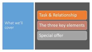 What we’ll
cover
Task & Relationship
The three key elements
Special offer
 