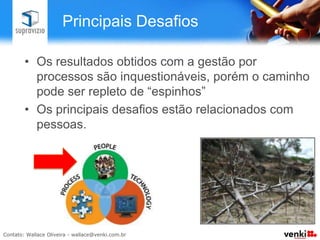5) Prática da Melhoria

•  Criar ciclos de melhoria automatizando novos
   processos
•  Esta etapa deve ser gerenciada por processos de
   governança (metaprocessos)
•  Praticar o PDCA
 