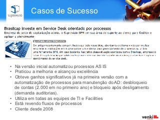 Casos de Sucesso




•  Inicialmente incorporou processos de biblioteca de TI
•  Já na versão inicial automatizou algumas manutenções do Active
   Directory
•  Praticou a melhoria evoluindo os controles do Active Directory e
   evoluindo o fluxo de Incidentes
•  Recentemente implantou inventário OCS e primeiro processo para
   gerenciar configuração
•  Em paralelo automatizou áreas de Marketing/Comunicação, RH
   recentemente escritório de processos.
•  Cliente desde 2010
 