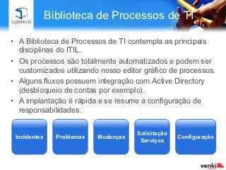 Casos de Sucesso




•  Utilizava um software de CRM para registrar solicitações de clientes
•  Implantou inicialmente o processo de incidentes já na versão TO BE
•  Durante a prática de melhoria evoluiu o fluxo de incidentes e
   implantou problemas e mudanças também na versão TO BE
•  Cliente desde 2009
 