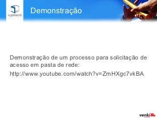 Biblioteca de Processos de TI

•  A Biblioteca de Processos de TI contempla as principais
   disciplinas do ITIL.
•  Os processos são totalmente automatizados e podem ser
   customizados utilizando nosso editor gráfico de processos.
•  Alguns fluxos possuem integração com Active Directory
   (desbloqueio de contas por exemplo).
•  A implantação é rápida e se resume a configuração de
   responsabilidades.


                                       Solicitação
 Incidentes     Problemas   Mudanças                 Configuração
                                        Serviços
 