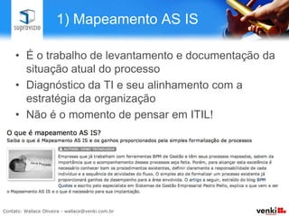 1) Mapeamento AS IS

•  É o trabalho de levantamento e documentação da
   situação atual do processo
•  Diagnóstico da TI e seu alinhamento com a
   estratégia da organização
•  Não é o momento de pensar em ITIL!
 