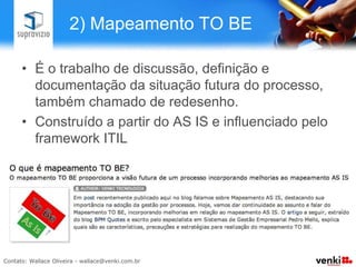 2) Mapeamento TO BE

•  É o trabalho de discussão, definição e
   documentação da situação futura do processo,
   também chamado de redesenho.
•  Construído a partir do AS IS e influenciado pelo
   framework ITIL
 