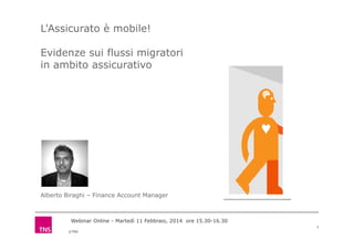 L'Assicurato è mobile!
Evidenze sui flussi migratori
in ambito assicurativo

Alberto Biraghi – Finance Account Manager

Webinar Online - Martedì 11 Febbraio, 2014 ore 15.30-16.30
1
©TNS

 