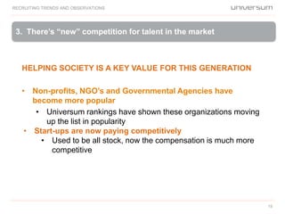 RECRUITING TRENDS AND OBSERVATIONS
15
HELPING SOCIETY IS A KEY VALUE FOR THIS GENERATION
• Non-profits, NGO’s and Governmental Agencies have
become more popular
• Universum rankings have shown these organizations moving
up the list in popularity
• Start-ups are now paying competitively
• Used to be all stock, now the compensation is much more
competitive
3. There’s “new” competition for talent in the market
 
