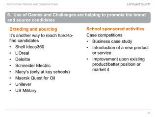 6. Use of Games and Challenges are helping to promote the brand
and source candidates
RECRUITING TRENDS AND OBSERVATIONS
22
Branding and sourcing
It’s another way to reach hard-to-
find candidates
• Shell Ideas360
• L’Oreal
• Deloitte
• Schneider Electric
• Macy’s (only at key schools)
• Maersk Quest for Oil
• Unilever
• US Military
School sponsored activities
Case competitions
• Business case study
• Introduction of a new product
or service
• Improvement upon existing
product/better position or
market it
 
