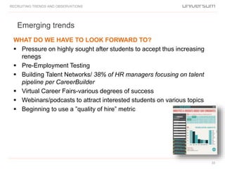 Emerging trends
RECRUITING TRENDS AND OBSERVATIONS
33
WHAT DO WE HAVE TO LOOK FORWARD TO?
 Pressure on highly sought after students to accept thus increasing
renegs
 Pre-Employment Testing
 Building Talent Networks/ 38% of HR managers focusing on talent
pipeline per CareerBuilder
 Virtual Career Fairs-various degrees of success
 Webinars/podcasts to attract interested students on various topics
 Beginning to use a ”quality of hire” metric
 