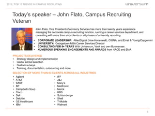 Today’s speaker – John Flato, Campus Recruiting
Veteran
2015 | TOP 10 TRENDS IN CAMPUS RECRUITING
John Flato, Vice President of Advisory Services has more than twenty years experience
managing the corporate campus recruiting function, running a career services department, and
consulting with more than sixty clients on all phases of university recruiting.
• CORPORATE LEADERSHIP: AlliedSignal (Now Honeywell), CIGNA, and Ernst & Young/Capgemini
• UNIVERSITY: Georgetown MBA Career Services Director
• CONSULTING FOR 9+ YEARS With Universum, Vault and own Businesses
• NUMEROUS SPEAKING ENGAGEMENTS AND AWARDS from NACE and EMA
PROJECTS DELIVERED
• Strategy design and implementation
• Global school selection
• Custom surveys
• Training, documentation, outsourcing and more
• Agilent
• AT&T
• BASF
• BP
• Campbell’s Soup
• Cisco
• Dell
• Deloitte
• GE Healthcare
• IBM
• IFF
• J&J
• Macy’s
• Medtronic
• Merck
• RBS
• Schlumberger
• Shell
• T-Mobile
• Walmart
SELECTION OF MORE THAN 60 CLIENTS ACROSS ALL INDUSTRIES
5
 