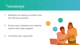 Takeaways
1. Marketers are relying on content more
(but with less success)
2. Survey says: marketers and creatives
need to work better together
3. It all starts with a good brief
 
