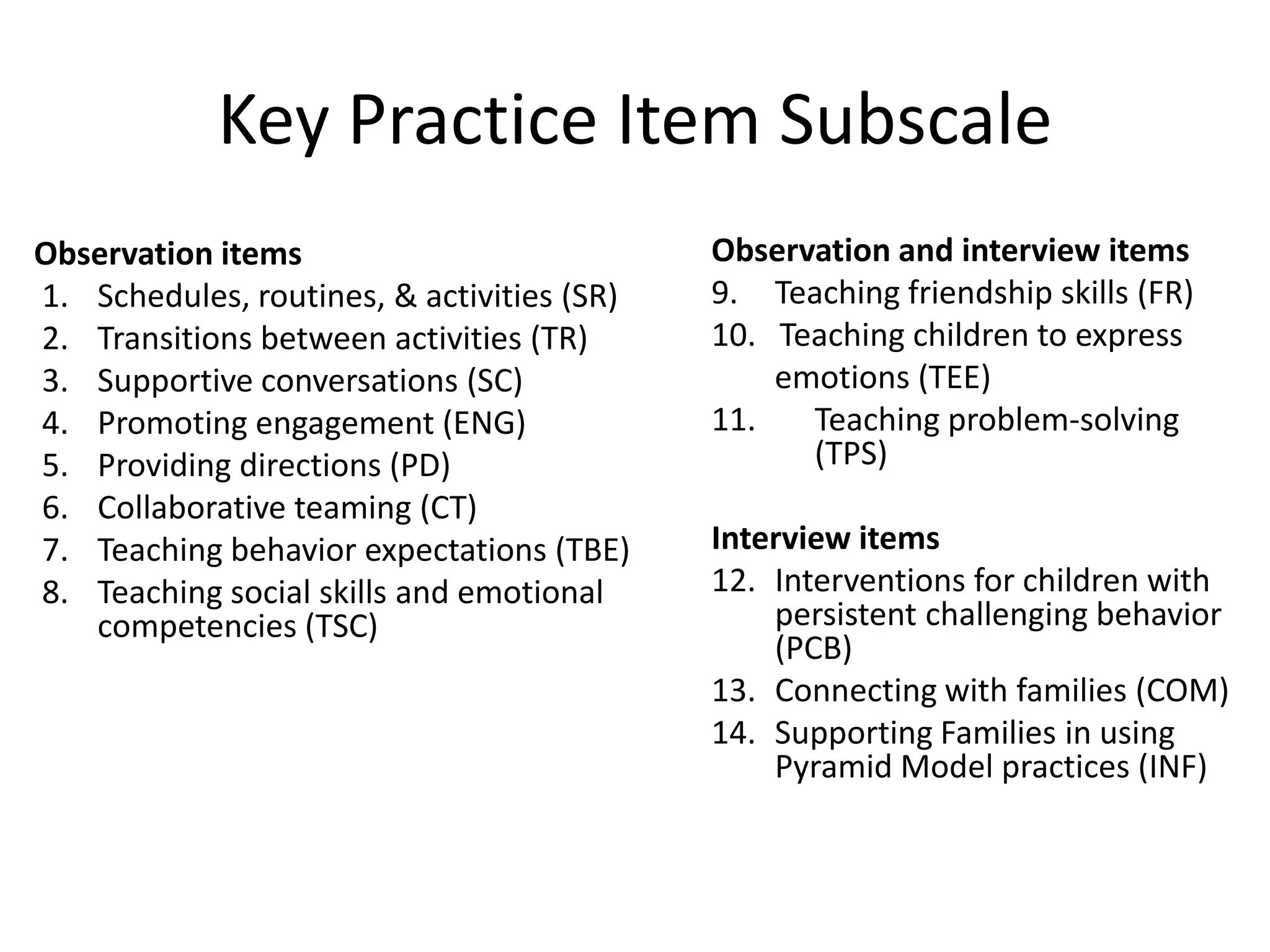 Key Practice Item Subscale
Observation items
1. Schedules, routines, & activities (SR)
2. Transitions between activities (TR)
3. Supportive conversations (SC)
4. Promoting engagement (ENG)
5. Providing directions (PD)
6. Collaborative teaming (CT)
7. Teaching behavior expectations (TBE)
8. Teaching social skills and emotional
competencies (TSC)
Observation and interview items
9. Teaching friendship skills (FR)
10. Teaching children to express
emotions (TEE)
11. Teaching problem-solving
(TPS)
Interview items
12. Interventions for children with
persistent challenging behavior
(PCB)
13. Connecting with families (COM)
14. Supporting Families in using
Pyramid Model practices (INF)
 