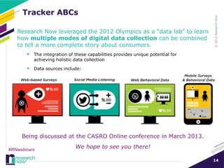 Tracker ABCs

   Research Now leveraged the 2012 Olympics as a “data lab” to learn
   how multiple modes of digital data collection can be combined
   to tell a more complete story about consumers.
        The integration of these capabilities provides unique potential for
          achieving holistic data collection

        Data sources include:




     Being discussed at the CASRO Online conference in March 2013.

#RNwebinars
                             We hope to see you there!

                                                                               14
 