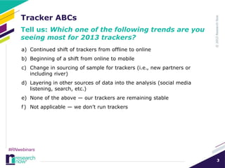 Tracker ABCs
     Tell us: Which one of the following trends are you
     seeing most for 2013 trackers?
     a) Continued shift of trackers from offline to online
     b) Beginning of a shift from online to mobile
     c) Change in sourcing of sample for trackers (i.e., new partners or
        including river)
     d) Layering in other sources of data into the analysis (social media
        listening, search, etc.)
     e) None of the above — our trackers are remaining stable
     f ) Not applicable — we don’t run trackers




#RNwebinars

                                                                            3
 